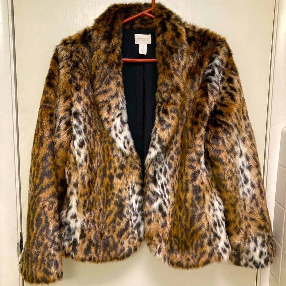 Chico’s NWT Leopard Faux Fur Coat size 1